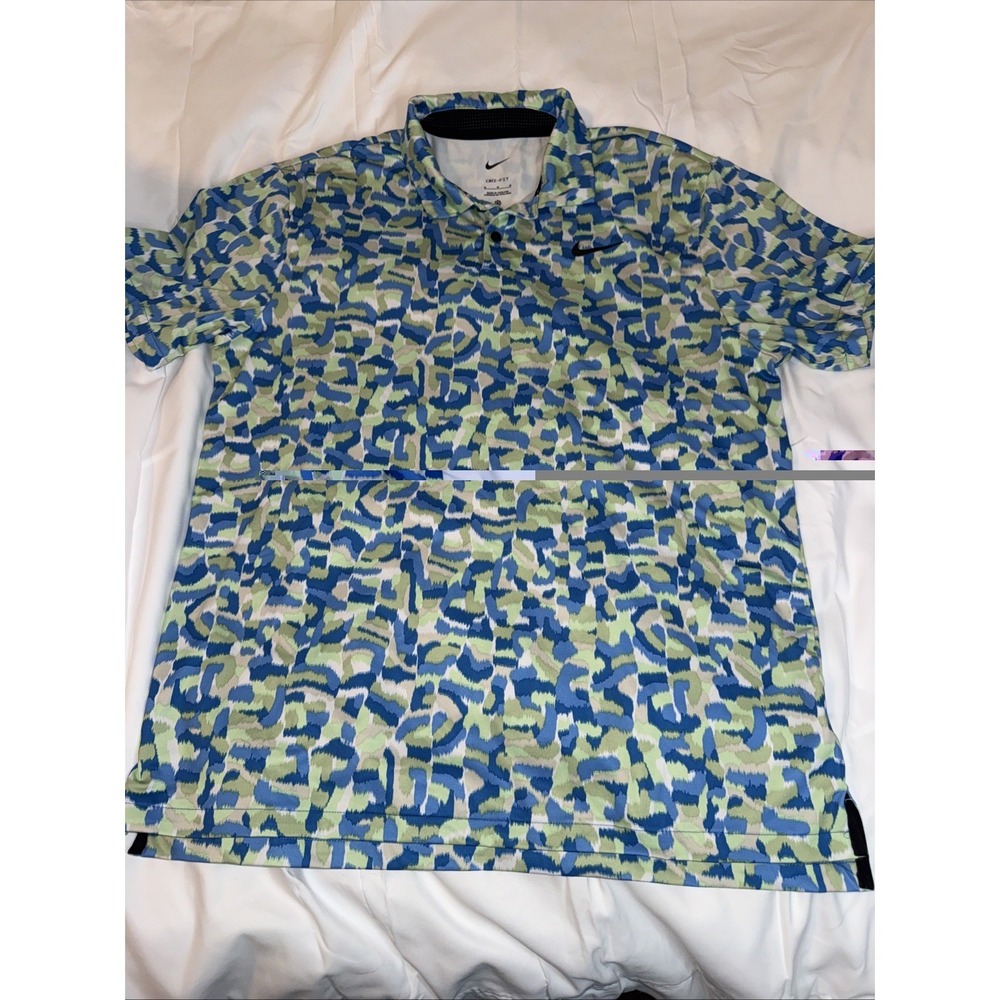 Nike Golf Polo Shirt Mens M White/Blue/Green Print LIMITED USE Front Back Swoosh - Picture 4 of 9